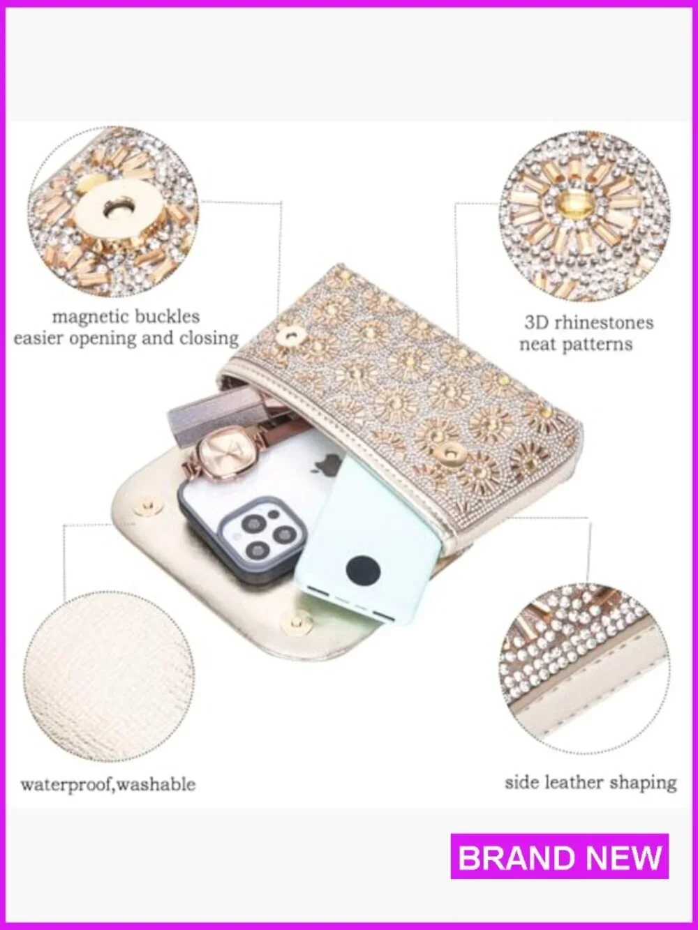 Rhinestone Evening Clutch Purse with Chain Elegant Floral Pattern Women's